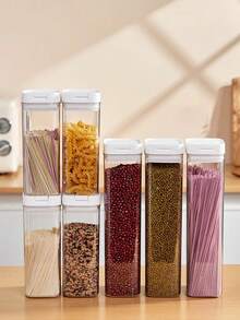 1个食品密封储物盒 - 白色透明带盖食品密封罐，塑料材质，适用于储存谷物、意大利面、豆类、零食和干货，冰箱食品储藏室储物盒 - 4种尺寸，厨房用具，家用厨房甜品店，厨房配件，烘焙工具 - 白色 - 查看 7