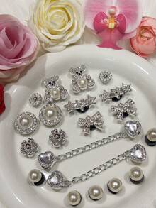 20pcs/Set New Fashion Original Heart Chain Pearl Cute Diamond Bear Series DIY Hole Shoes Decorative Accessories - Diamond Pentagram, Bow, Large Pearl, Detachable Shoe Buckle Accessories, Cute ABS Plastic Pearl Hole Shoes Buckle For Beach, Home, Outdoor, Summer - Ginger - View 6