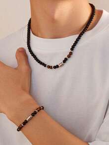2pcs/Set Men's Natural Stone Beaded Necklace And Bracelet Set, Niche High-End Hip-Hop Accessories, Suitable For Holiday Gifts And Daily Wear Fashion Jewelry - Beaded Two-piece Set - View 7