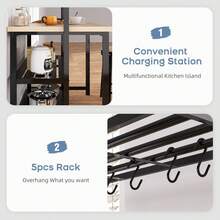 Belect 42 Inch Kitchen Island With Storage, Large Bakers Rack Microwave Stand With 3-Tier Shelves, 5 Hooks For Pantry Organization, Kitchen Counter Prep Table, Natural - Black - View 8