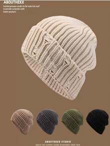 1pc Unisex Solid Color Distressed Knit Beanie, Versatile Warm Pointed Ski Cap For Autumn/Winter