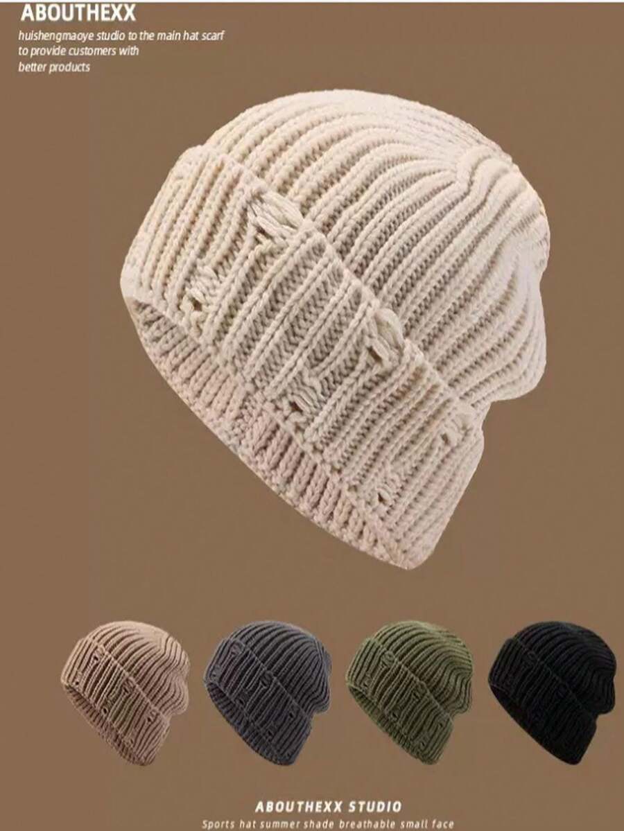 1pc Unisex Solid Color Distressed Knit Beanie, Versatile Warm Pointed Ski Cap For Autumn/Winter