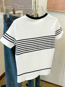 Camiseta clásica con estampado de rayas y poni, camiseta minimalista y versátil de moda, estilo de oficina para ir y venir, casual para primavera y verano - Multicolor - Ver 4