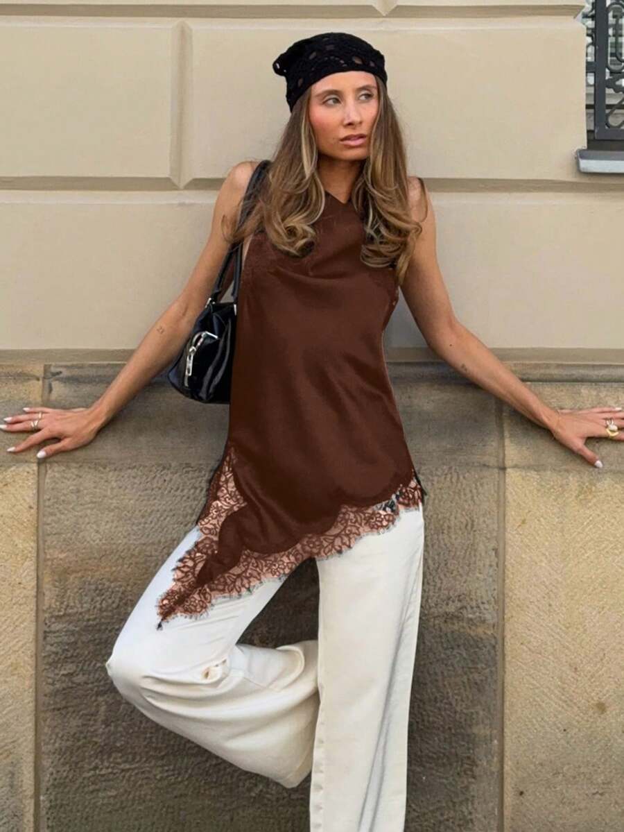 Blusa elegante de mujer MUMRAP con parches de encaje de unicolor y espalda descubierta, para verano