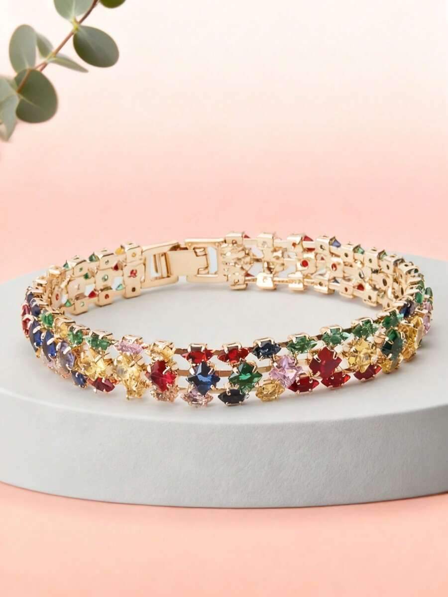 Colorful Crystal Bracelet,High-End Fashion,Cute Exquisite Dopamine,Colorful And Simple Temperament Hand Jewelry,Tennis Crystal Bracelet Sugar Cube,The First Choice For Weddings,Festivals And Parties,Elegant Gift - 彩色 - 查看 1