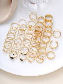 51/48pcs Simple & Fashionable Faux Pearl, Metallic, Geometric, Heart, Butterfly Stackable Ring Set, Women Couples Sisters Holiday Date Casual Party Wedding Christmas Valentine Gift For Mom Friends - Vàng - Xem 10