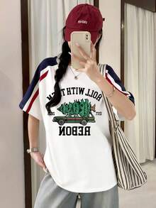Camiseta de mujer casual de manga corta con cuello redondo, estampados de palmera, coche y eslogan, en patchwork y contraste de colores, para primavera/verano - Blanco - Ver 2