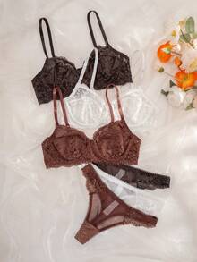 3pcs/Set Women Lace Wireless Thin Cup Comfortable Bra Set, Solid Color - 彩色 - 查看 3