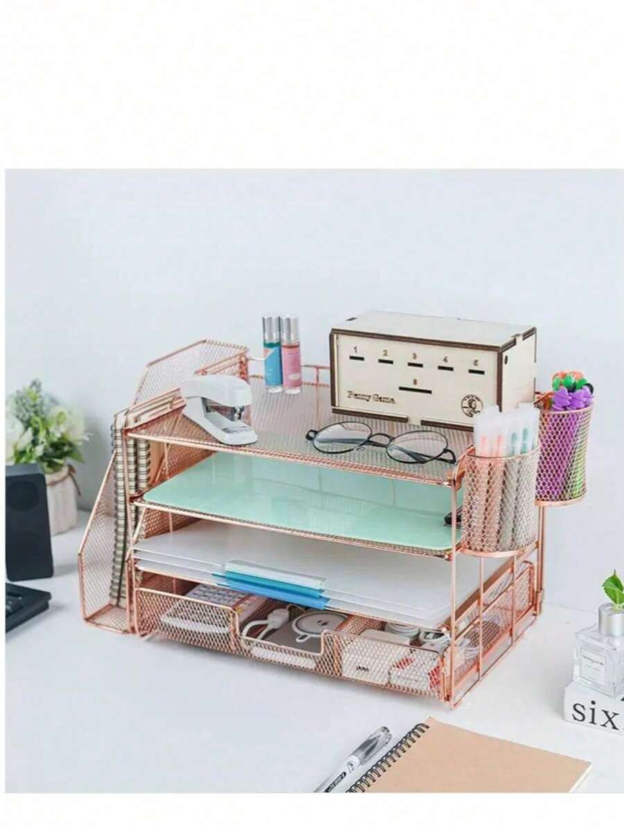 Organizador de Escritorio de 4 Niveles con Compartimentos Verticales, Cajones Deslizantes y Porta Lápices, Ideal para Organizar Documentos, Papeles y Suministros de Oficina en el Día a Día - Rosa - Ver 1