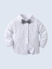 2pcs Young Boys Gentleman Suit Set, Long Sleeve Collared Shirt With Bowknot And Gray Suspender Pants, Fashionable & Dapper For Birthday, Valentine's Day, Party, Wedding - Grey - View 5