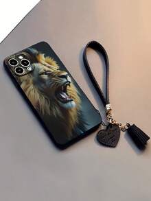 Capa para celular com estampa de leão pintada, resistente a quedas (1 unidade), com alça de pulso decorativa em couro em formato de coração. Acessório para personalizar sua capa de celular. Compatível com iPhone e Redmi.