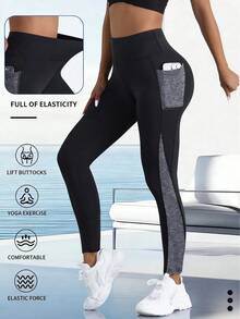 Leggings de yoga ajustados y cómodos para mujer con cintura elástica y bolsillo, con pespuntes de color contrastante, tirantes cruzados, todo a juego
