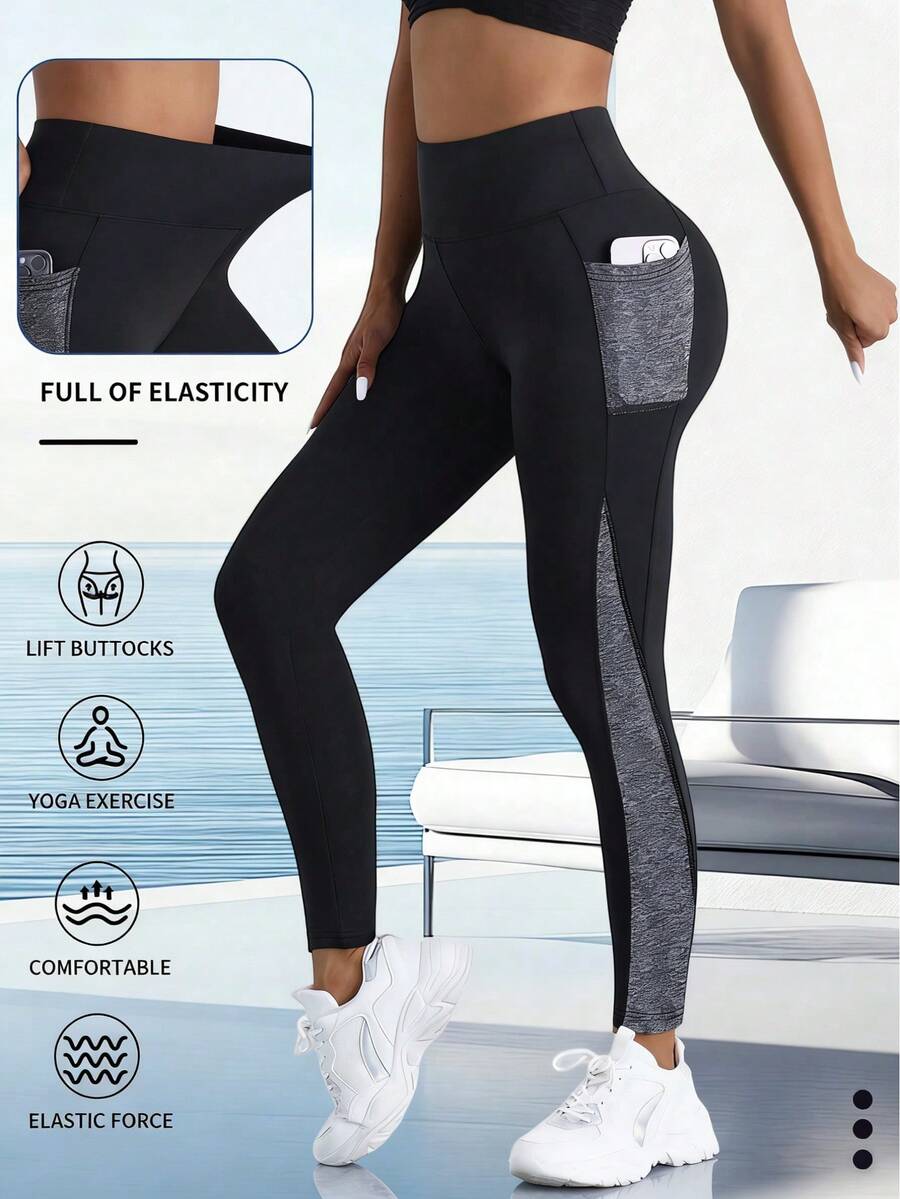 Leggings de yoga ajustados y cómodos para mujer con cintura elástica y bolsillo, con pespuntes de color contrastante, tirantes cruzados, todo a juego