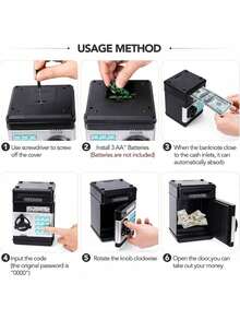 儿童迷你ATM存钱罐，可存现金、硬币和密码，适合男孩女孩，是儿童生日和圣诞节的理想玩具礼物。 - 黑色 - 查看 5