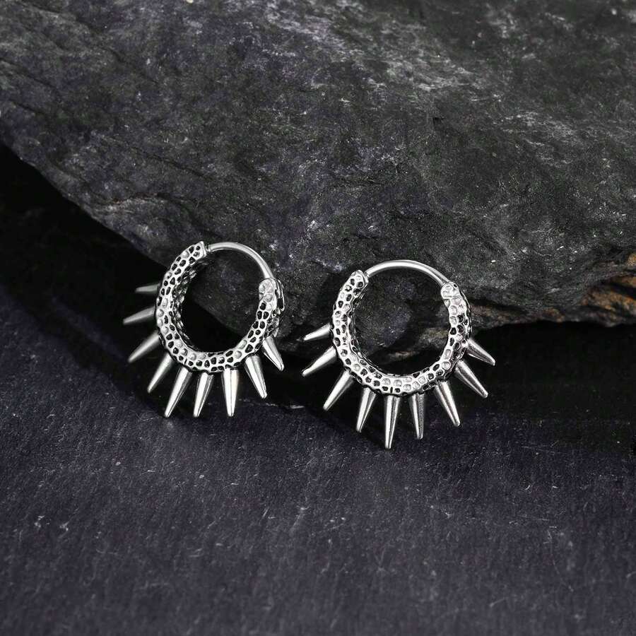 Pendientes de aro de acero inoxidable estilo punk con remaches color acero - EH-820S02-1 - Ver 1