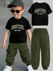 男童字母印花短袖T恤和工装裤套装 - 軍綠色 - 查看 1