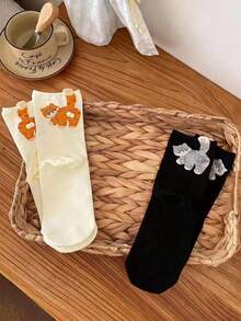 3 双随机猫和鸡蛋图案袜子，可爱卡通搞笑猫咪袜子男女通用 - 彩色 - 查看 11