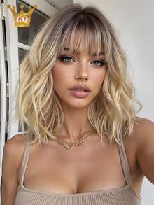 Blonde Wig Hair Natural Synthetic Heat Resistant Wigs 14 Inch Shory Curly Wig With Bangs For Women Daily Wedding Used - Blonde Highlight - View 13