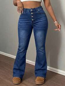 Women's Mid Waisted Button Fly Flare Jeans Stretch Denim Bell Bottom Pants Slim Fit Y2K Vintage Trousers - 深色水洗藍 - 查看 5