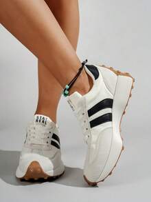 女士新款休闲运动鞋，透气网面厚底坡跟系带轻便百搭时尚运动鞋，白色/灰色，适合所有季节，运动休闲鞋 - 白色 - 查看 5