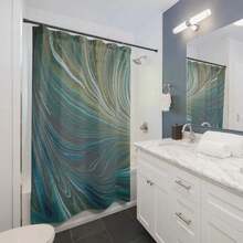 Abstract Teal Shower Curtain: Boho Watercolor Fabric Bathroom Decor - Multicolor - View 2