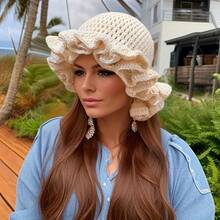 1pc New Creative Fashion Solid Color Ruffled Crochet Wool Hat With Pleated Edge And Wide Brim Fisherman Hat For Autumn And Winter - Màu nâu - Xem 3