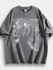 Whale Shark Pattern Retro Washed Cotton Double-Sided Printed T-Shirt Men's T-Shirt Old Summer Clothing Off Shoulder Sleeves Round Neck Top Short Sleeved - Xám - Xem 1