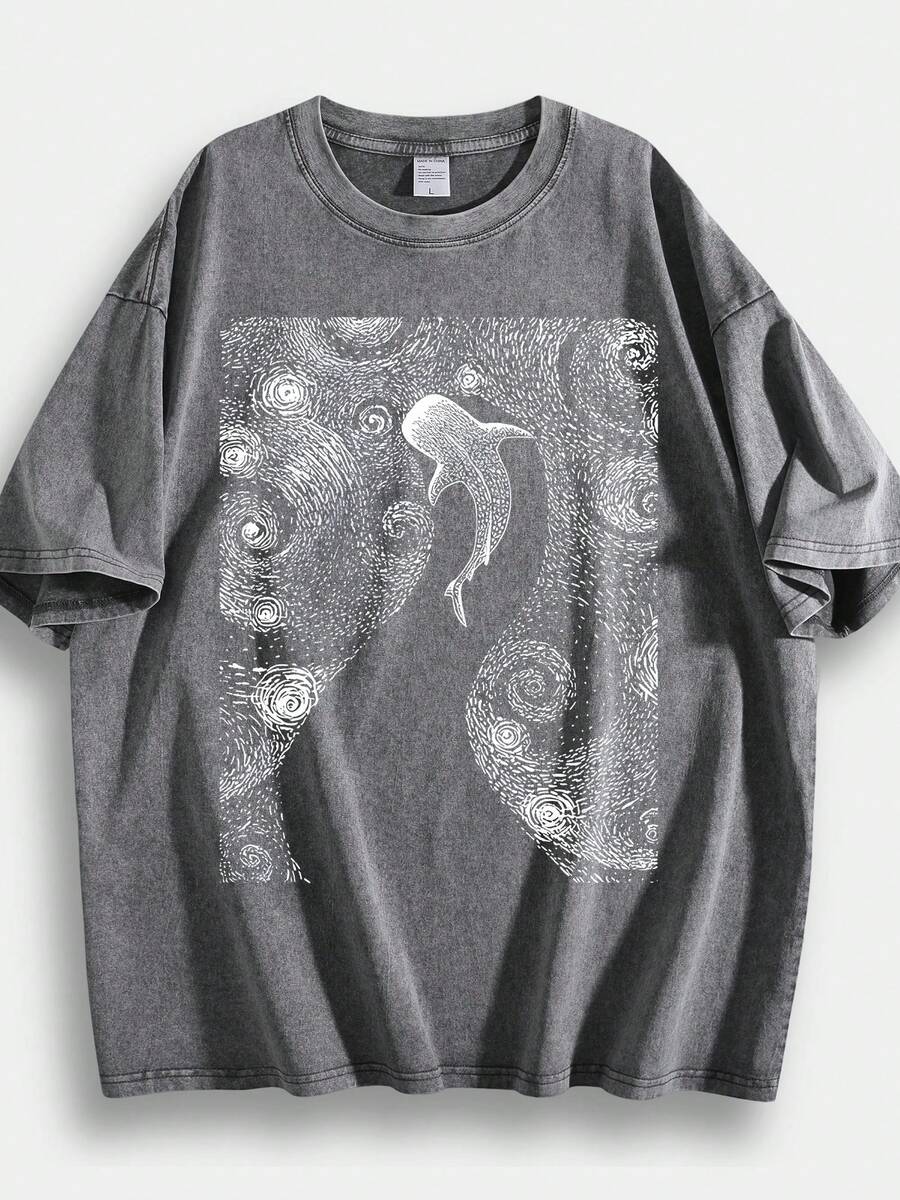 Whale Shark Pattern Retro Washed Cotton Double-Sided Printed T-Shirt Men's T-Shirt Old Summer Clothing Off Shoulder Sleeves Round Neck Top Short Sleeved - Xám - Xem 1