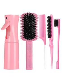 5件套女士顺发梳套装 - 卷发定型梳（顺发造型），可填充喷雾瓶（细雾），护肤清洁套装（6.8盎司），蓬松发梳（尖尾梳），边缘梳（用于梳理发际线和后脑勺），告别毛躁，轻松打结，适合直发、长发、粗发、卷发和自然发质（粉色、紫色、绿色）