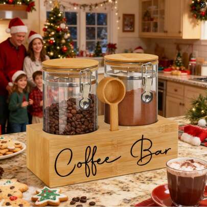 Coffee Station Organizer,Glass Coffee Containers With Shelf, Coffee Bean Storage Jars With Spoon,2x48oz Coffee Bean Storage With Airtight Locking Clamp Coffee Canister For Coffee Bean,Ground Coffe