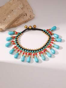 1 chiếc lắc chân dệt hạt ngọc lam phong cách Boho có mặt dây chuyền nhiều màu sắc, phù hợp cho trang phục hàng ngày và lễ hội của phụ nữ, đặc biệt phù hợp cho mùa hè (Sắp xếp đá hình giọt nước thủ công ngẫu nhiên) - Giọt nước màu - Xem 15