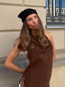 Blusa elegante de mujer MUMRAP con parches de encaje de unicolor y espalda descubierta, para verano - Café integral - Ver 4