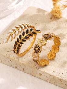 2件套不锈钢简约黑白滴油花叶设计戒指，适合女性日常佩戴 - 彩色 - 查看 3