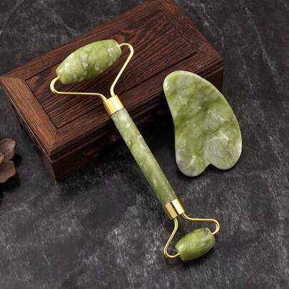 2pcs Jade Roller & Gua Sha Tool Set, Skincare Massage Device, Jade Face Roller, Natural Jade Face Roller, Face, Eye, Neck And Body Massage Tool, Beauty Tool