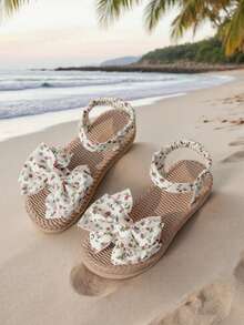 1 Pair Girls' Bow Decor, Floral Chiffon Elastic Band Design Sandals, Soft & Comfortable, Suitable For Mother-Daughter Matching, Lightweight Bohemian Style, Fit For 3-15 Years Old, Summer Party, Beach - Green - View 2