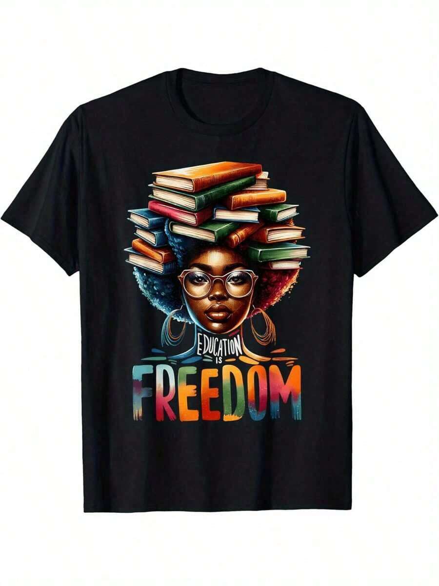 Education Is Freedom Black Teacher Books History Month-Shirt Cotton Fun Design DIYMen's Soft Summer And Winter Breathable Comfortable Casual Sports Halloween And Gifts - 黑色 - 查看 1