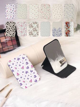 1 st. vintage blommig hopfällbar kompaktspegel, lätt och bärbar handspegel, slitstarkt PU-läderställ, lämplig för alla tillfällen och människor, hopfällbar fyrkantig fickspegel