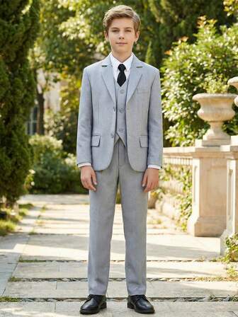 青少年男童四件套西装，幼儿燕尾服礼服，花童礼服，婚礼西装外套、马甲、裤子、领带，正式西装，适合青少年男童，浅灰色，尺码 6-16 岁