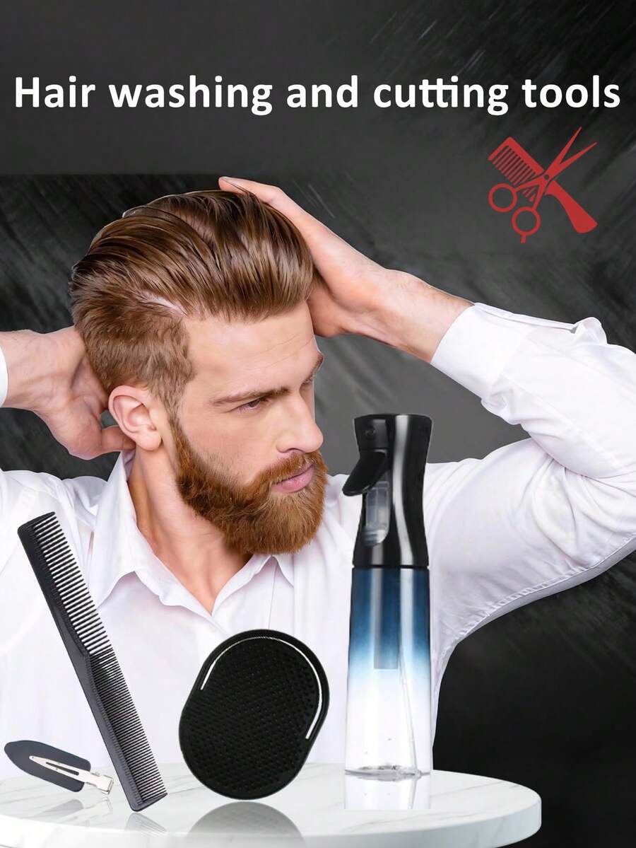 4pcs 1 Black Comb 1 Hair Brush 1 Black Hair Clip 1 Black Blue Spray Bottle Ultra Thin Men's Hair Cutting Flat Comb, Black Carbon Steel Professional Hair Cutting Comb, Anti-Static Comb, Hair Styling Special Comb Anti Static Hair Straightening