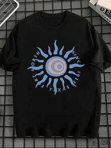 Camiseta negra de algodón con estampado de sol vintage. Algodón suave, corte cómodo, transpirable, informal y estampado gráfico único. - Negro - Ver 2