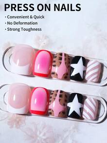 Bộ 24 móng giả vuông ngắn họa tiết da báo và đầu móng kiểu Pháp màu trắng, được trang trí bằng các họa tiết sọc ngựa vằn, ngôi sao và màu hồng nhạt, vừa vặn hoàn hảo với móng ngắn, mang đến vẻ ngoài dễ thương và nữ tính. Bộ sản phẩm bao gồm 1 gel dán và 1 dũa móng, phù hợp cho phụ nữ và các cô gái sử dụng hàng ngày và trong các dịp dự tiệc. Dụng cụ làm móng - Nhiều màu - Xem 2