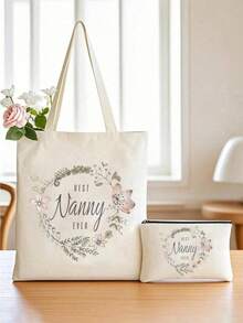 1-2 piezas "Mejor niñera para siempre" Bolsa de lona impresa con diseño de corona, plegable, reutilizable, bolsa unisex, bolsa de compras de hombro de color beige de moda, de poliéster duradero, lavable a máquina, regalo perfecto con tema de agradecimiento - Multicolor - Ver 22