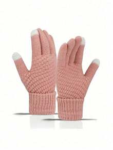 1/4 双装女士触屏冬季手套 - 时尚针织露指手套，加厚袖口，保暖舒适 - A - 查看 5