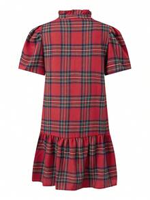 Vestido de verano para mujer, manga corta abullonada, cuello en V, estampado a cuadros, corte holgado, estilo línea A - Rojo - Ver 2