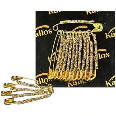 12-Piece Silver Safety Pins With Multi Faux Crystal - Diamonds Designer Safety Pin Saree Pin - Saftey Pins For Clothing And Crafts. (Silver-Multi)