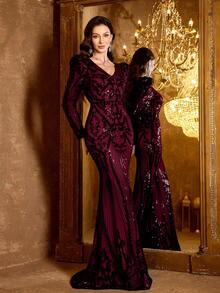 UNITHORSE [Random Cut] 女款 V 領公主袖亮片拼接魚尾下擺派對晚禮服 婚禮秋季款 - 酒紅色 - 查看 1