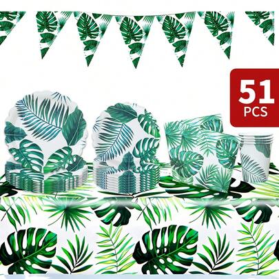 Tropical Jungle Leaf & Petal Shaped Disposable Plate, Napkin, Cup, Tablecloth And Banner Set, Party Supplies Set For 8 Guests, Suitable For Birthday, Wedding, Theme Party, Family Picnic