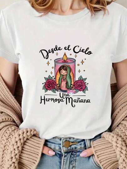 Camiseta Casual de Manga Corta con Cuello Redondo para Mujeres de Primavera Verano con Impresión de Velas de Arte Español Desde el Cielo Una Hermosa Mañana Atuendo Diario Ropa de Calle Diaria Regalo de Vacaciones CXVA
