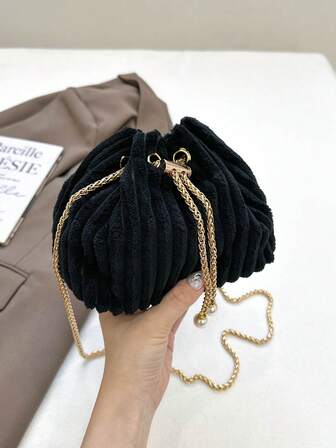 1pc Chain Drawstring Closure Corduroy Bucket Bag With Metal & Pearl Decor, Shoulder/Crossbody Lipstick Pouch, Fashion Gift Bag Suitable For Women Party, Evening And Daily Use