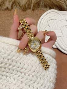 1pc Arabic Numeral Scale Gold Square Rhinestone Women's Quartz Watch, Exquisite Casual, Suitable For Daily Wear Or Party Gift - Gold - View 2